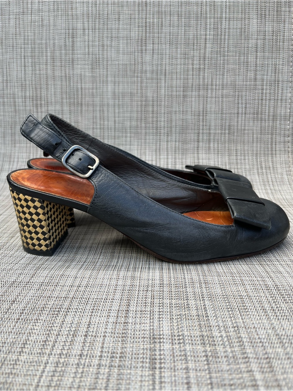 Chie Mihara Black Leather Slingback Pumps with Checked Block Heel